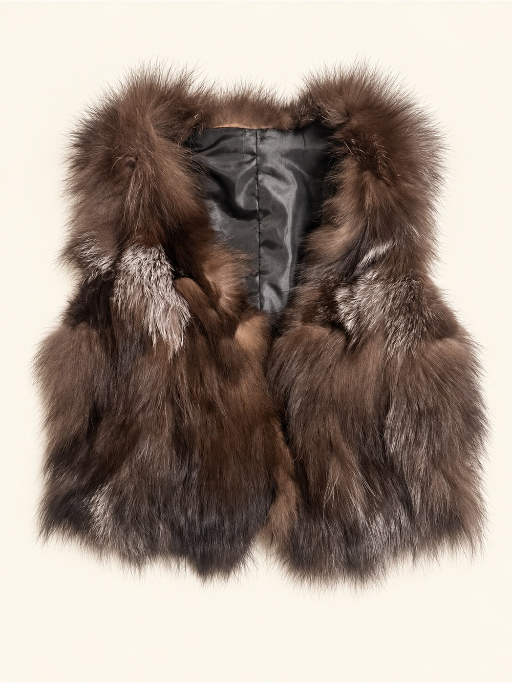 Unique Real Fur & Wool Back Cropped Vest Brown Charcoal